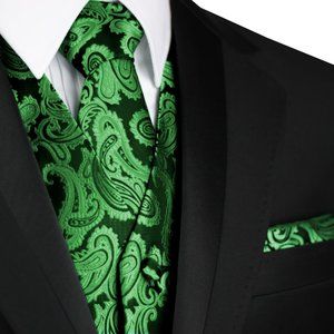 Men's Formal Wedding Prom Homecoming Tuxedo Vest Tie Hankie set - Green Paisley